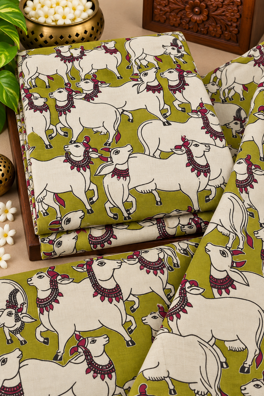 Olive Green Cow Motif Ethnic Print Fabric