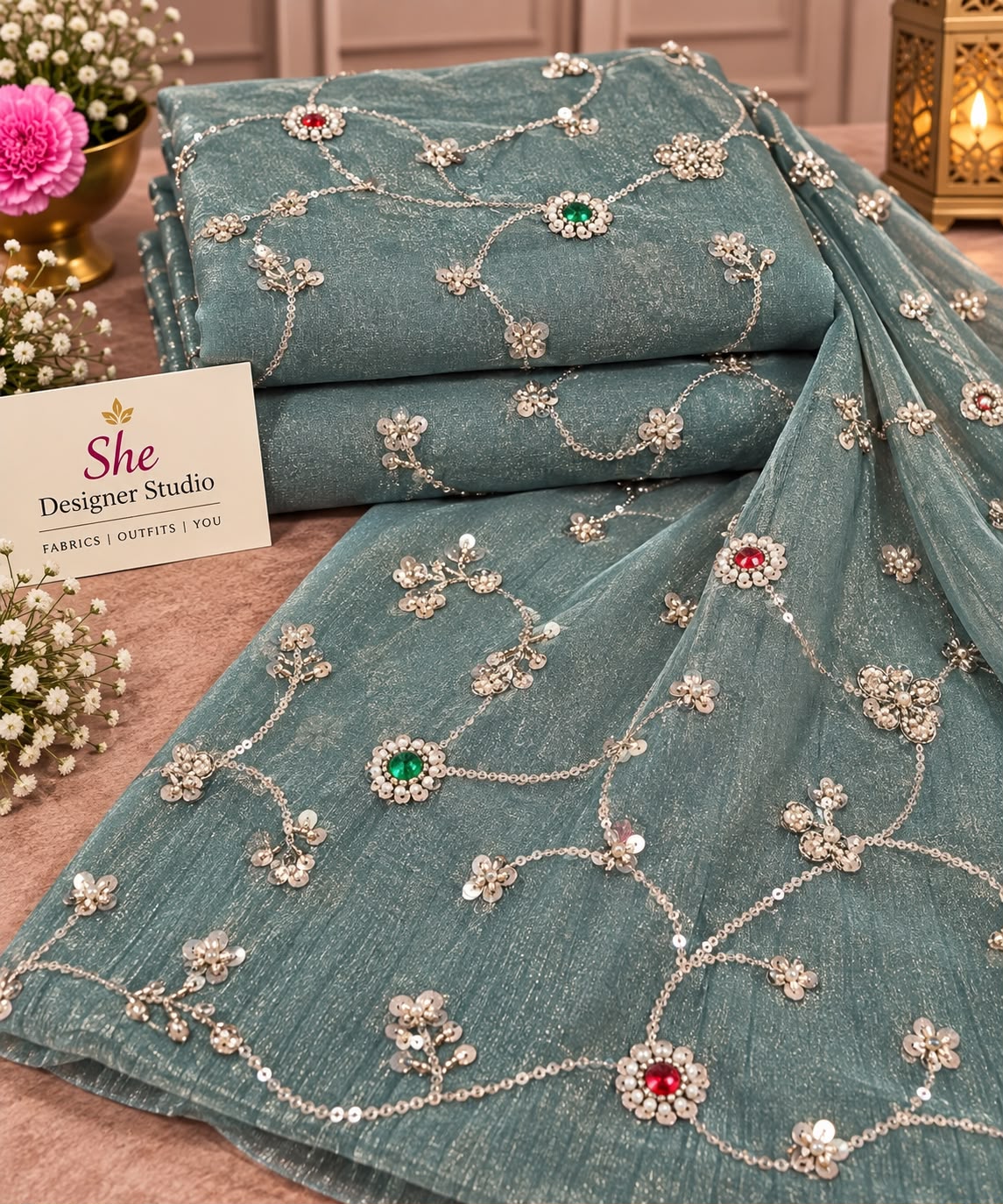 Teal Jewel Floral Vine Embroidered Fabric