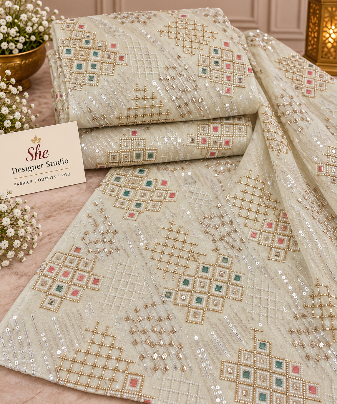 Ivory Champagne Dual-Tone Scallop Embroidered Fabric