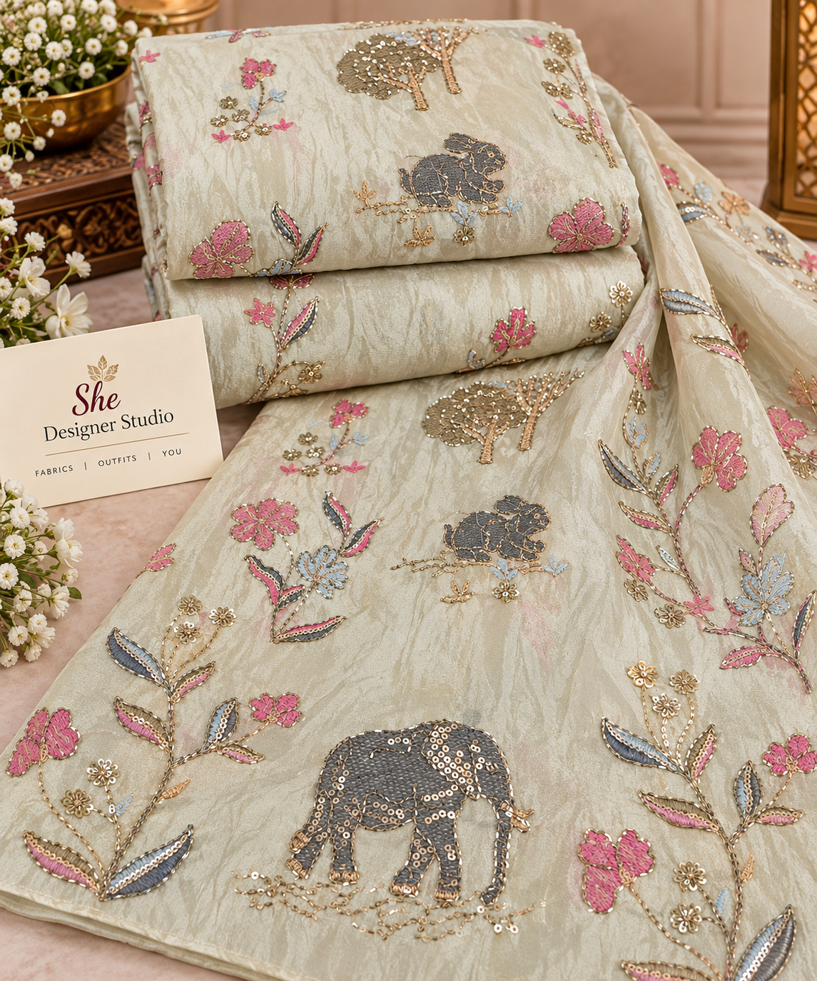 Ivory Wildlife Garden Embroidered Fabric