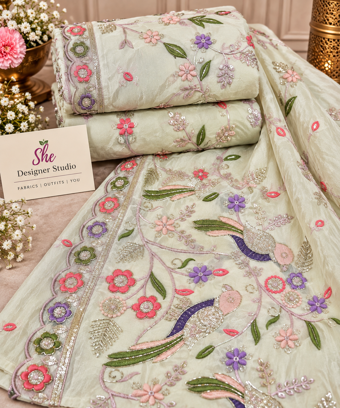 Ivory Bird & Floral Garden Embroidered Fabric