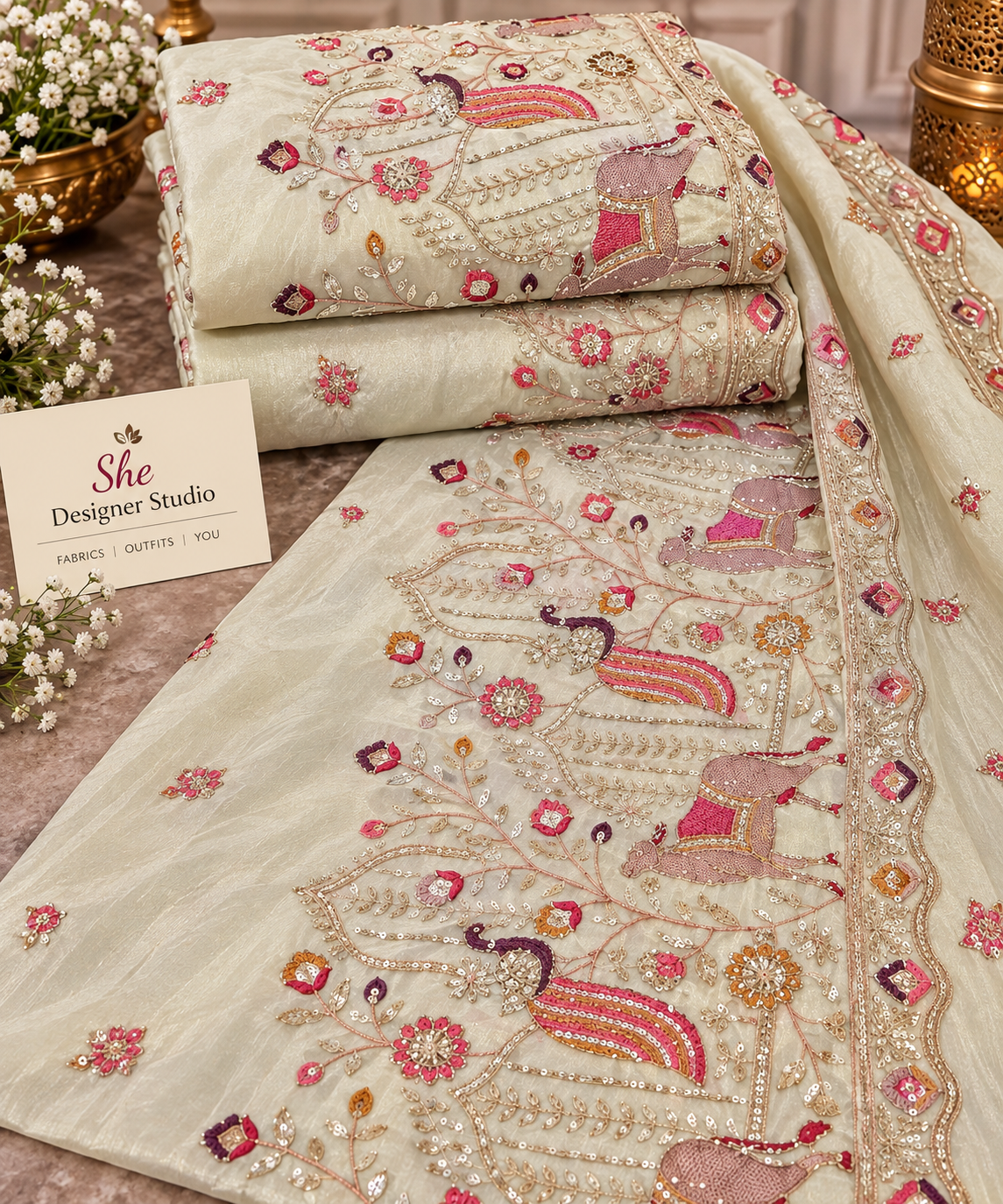 Ivory Royal Peacock & Deer Embroidered Fabric