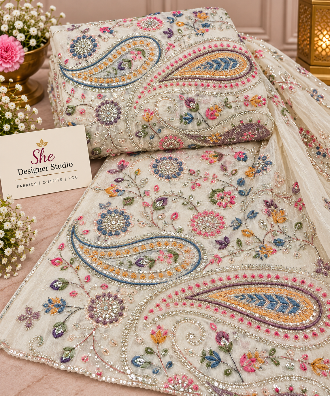Ivory Multicolour Paisley Embroidered Fabric