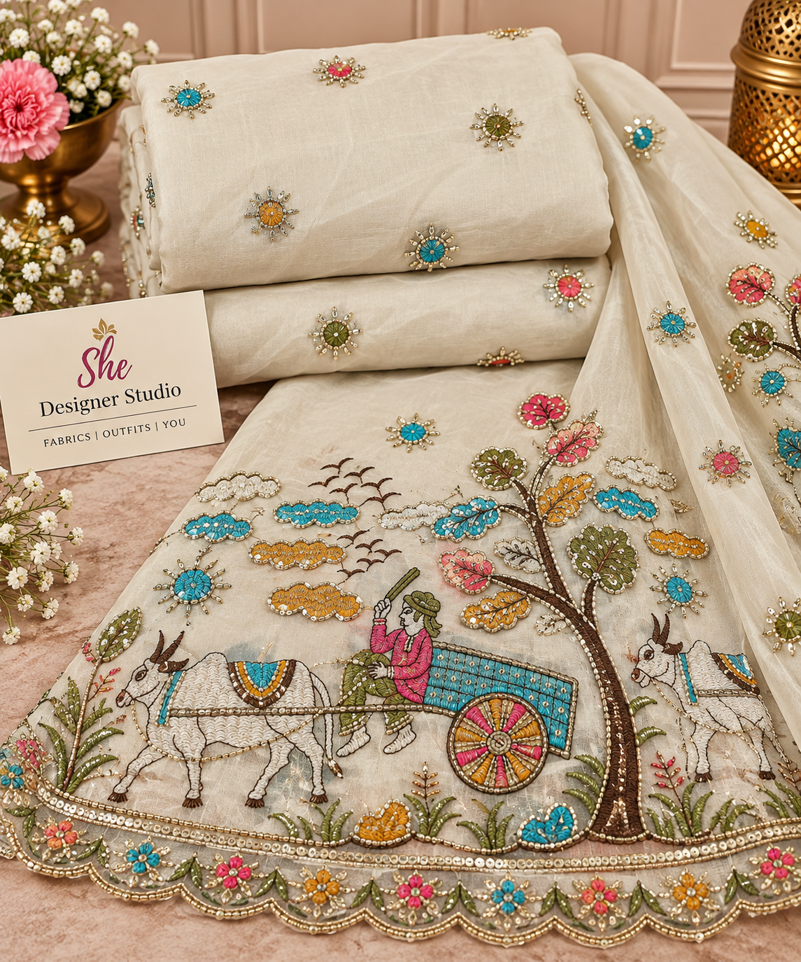 Ivory Village Story Embroidered Border Fabric