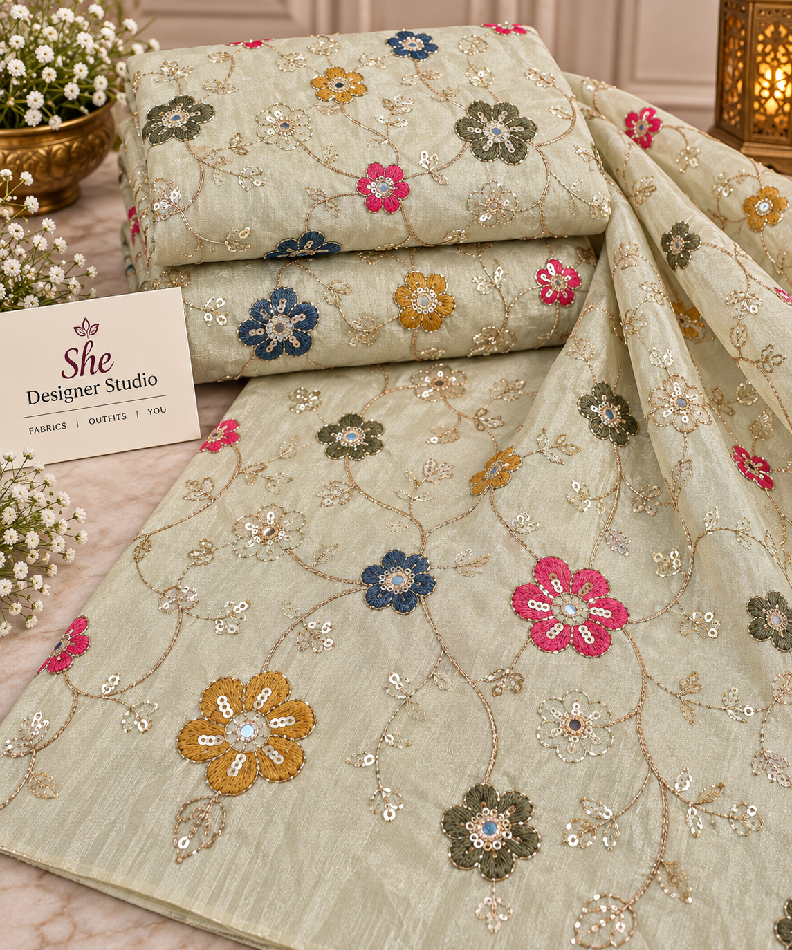 Ivory Multicolour Floral Vine Embroidered Fabric