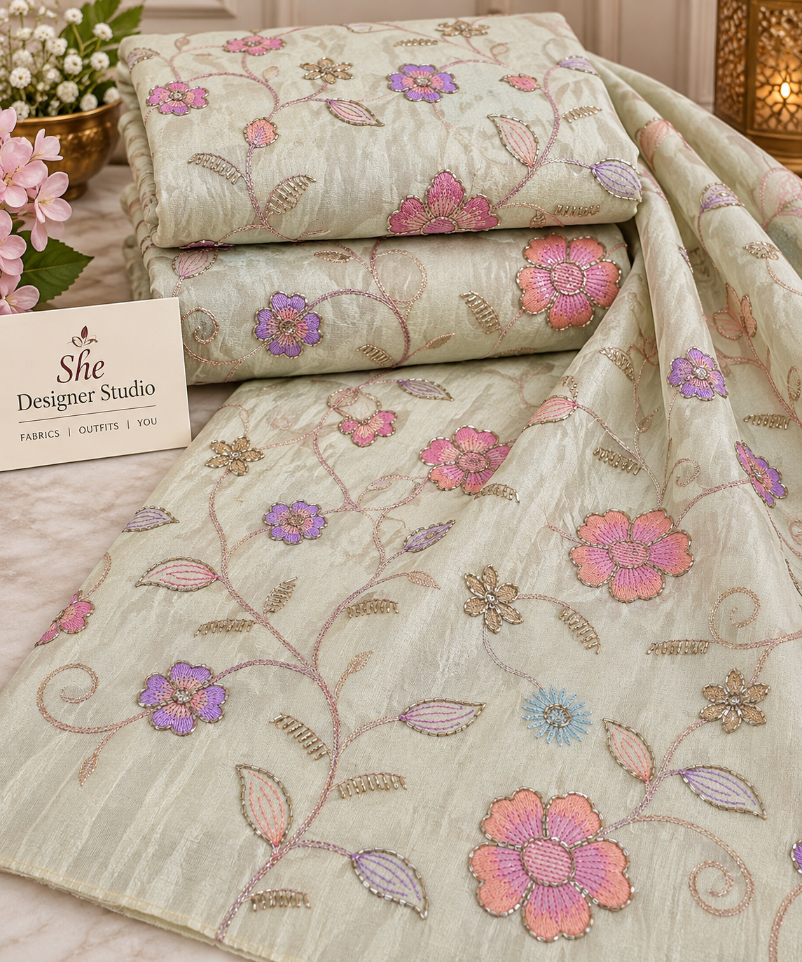 Ivory Pastel Floral Vine Embroidered Fabric