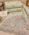 Sage Parrot Garden Embroidered Border Fabric