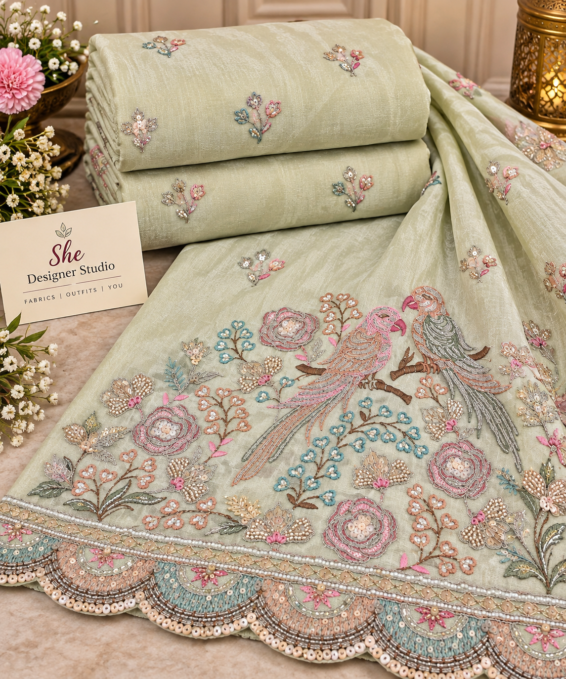 Sage Parrot Garden Embroidered Border Fabric
