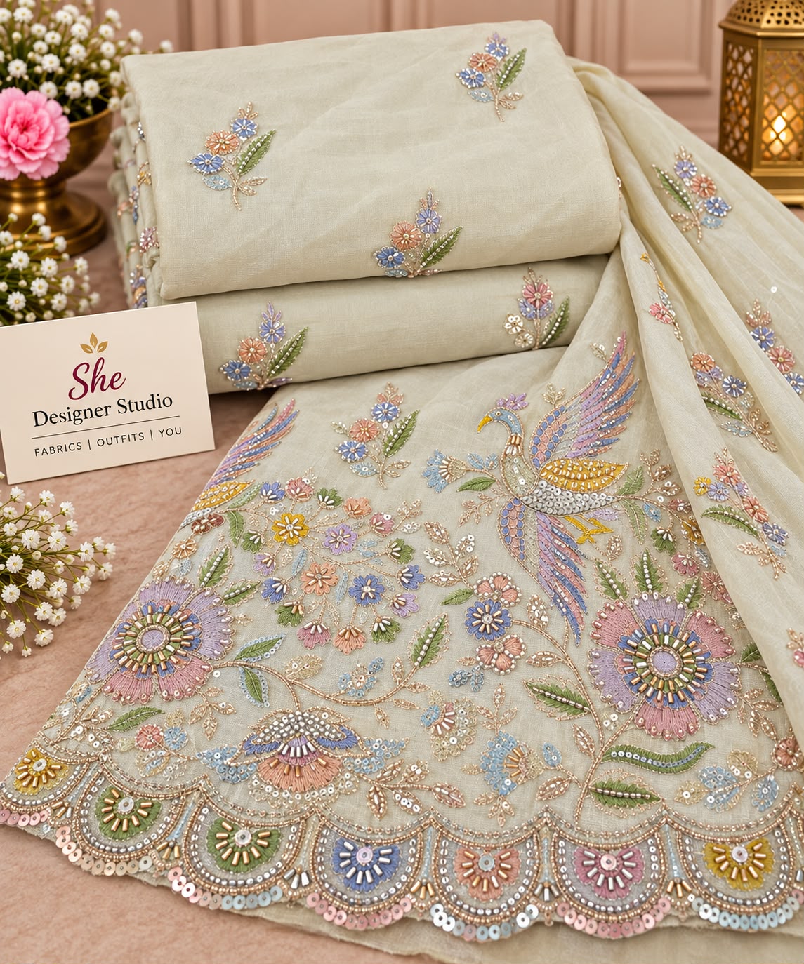 Ivory Pastel Peacock Garden Embroidered Fabric