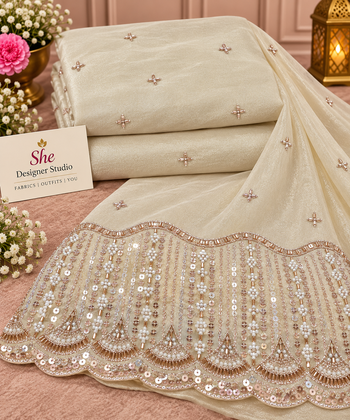 Ivory Pearl Scallop Embroidered Fabric