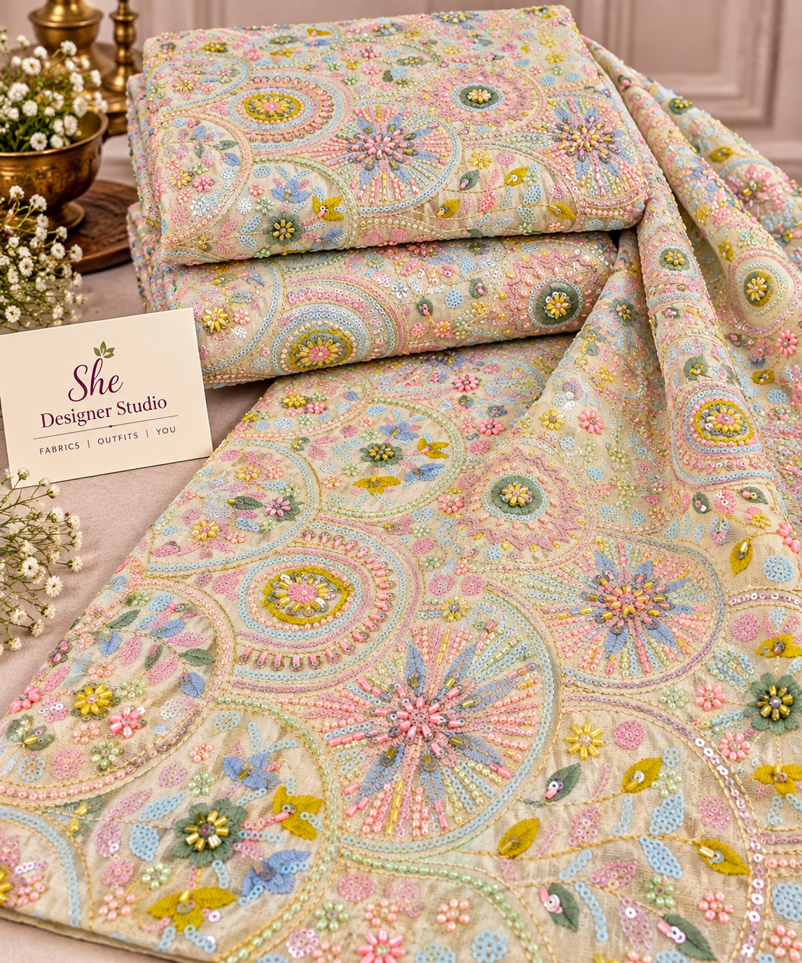 Pastel Kaleidoscope Embroidered Fabric