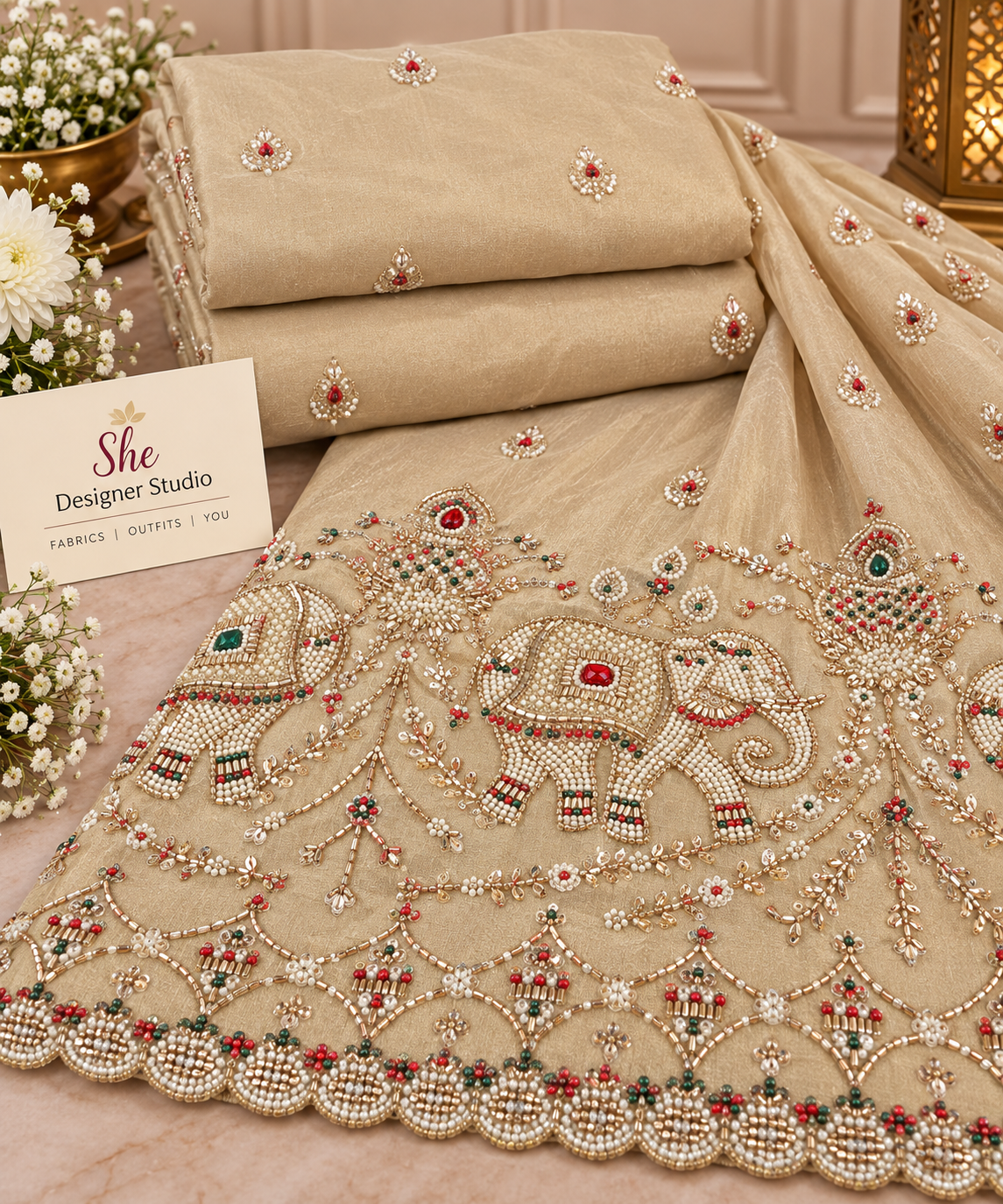 Champagne Royal Elephant Embroidered Fabric