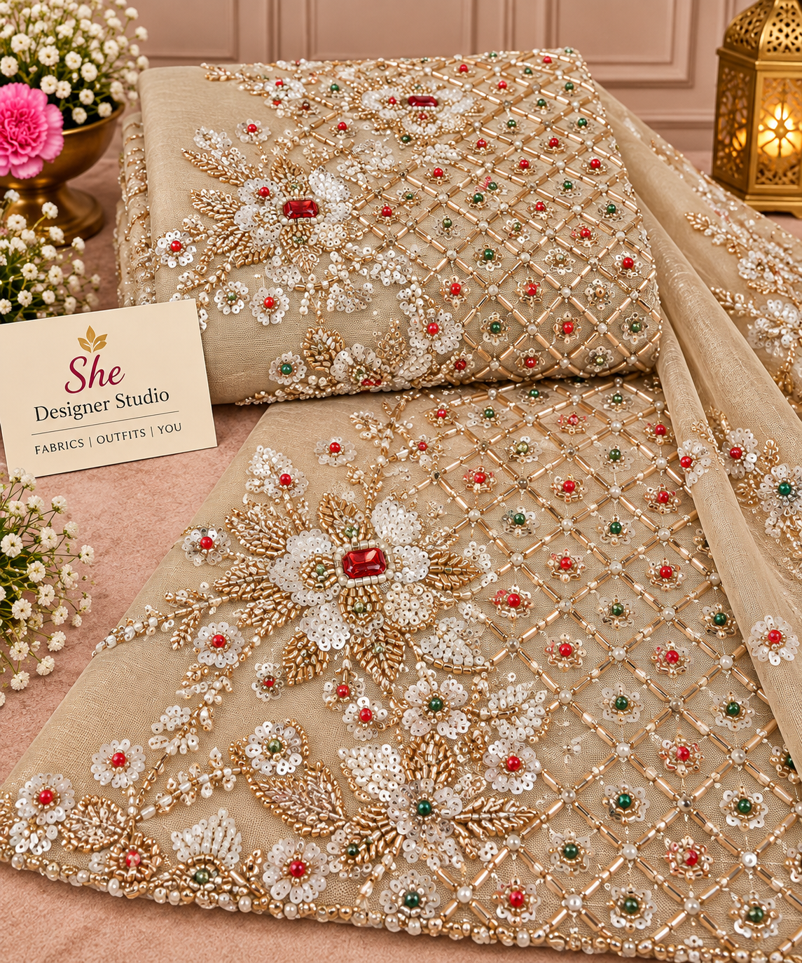 Champagne Floral Lattice Embroidered Fabric