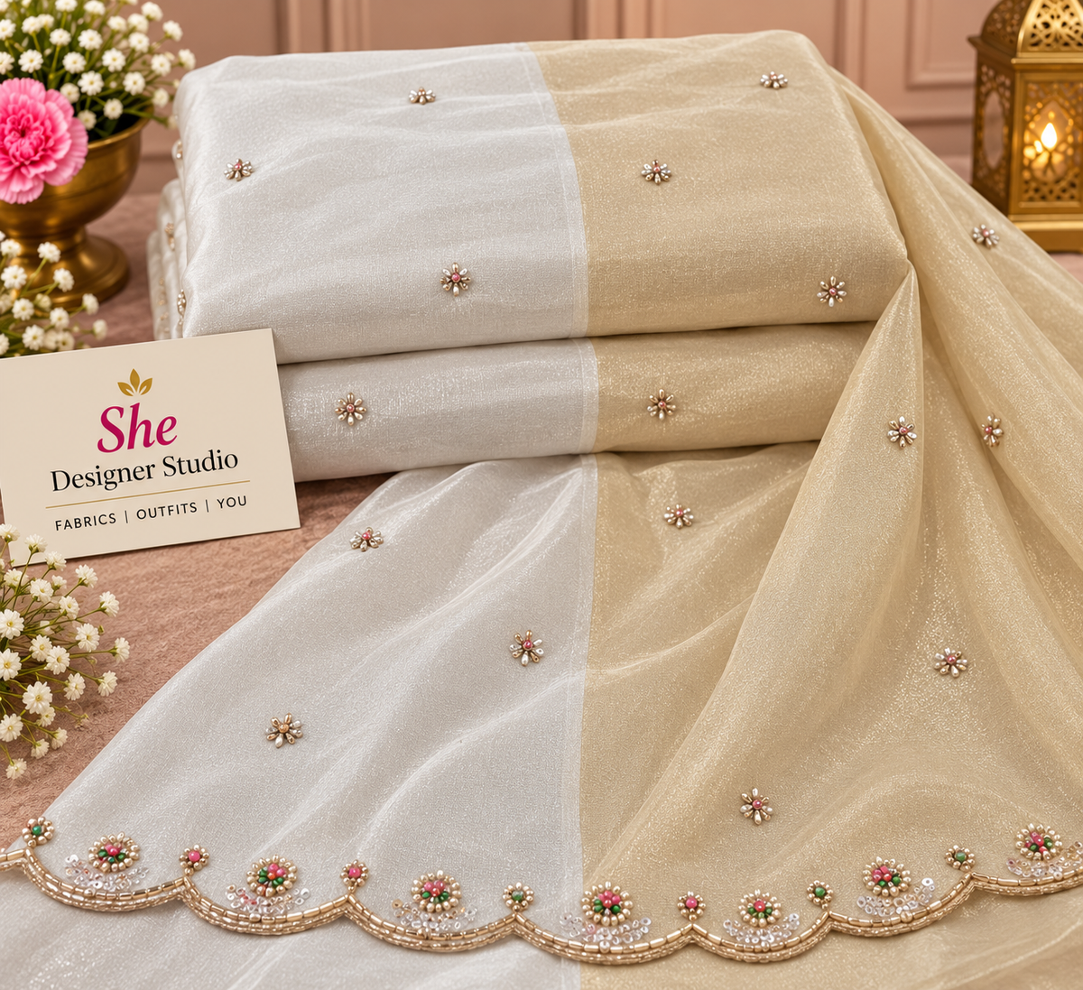 Mauve Jewel Floral Vine Embroidered Fabric