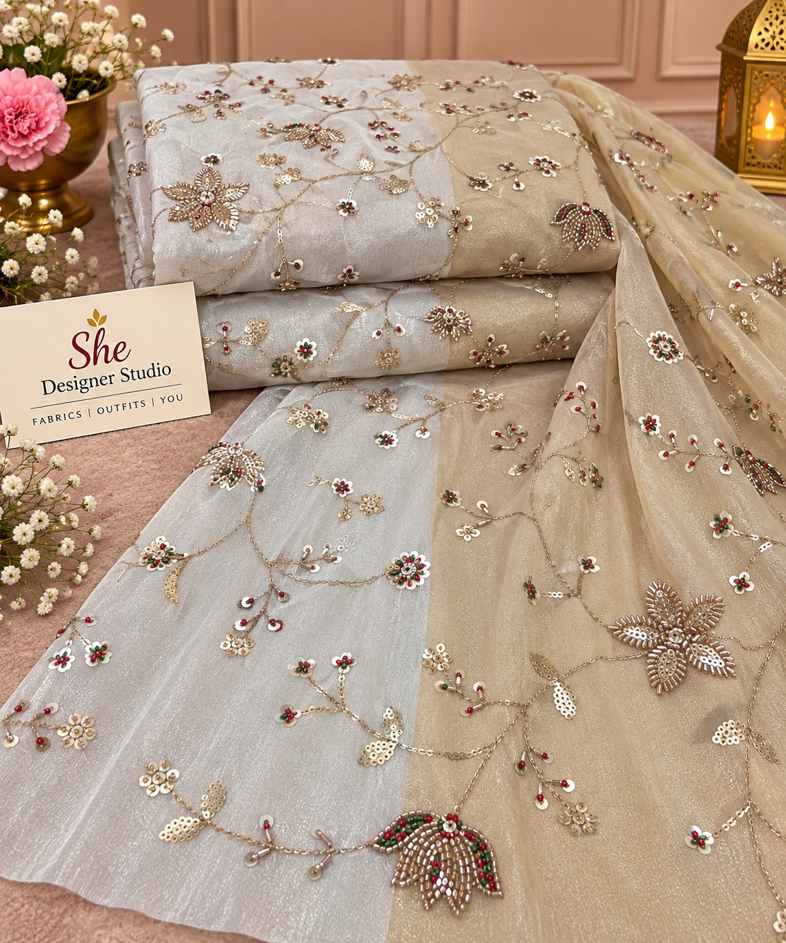 Ivory Geometric Mirror & Sequin Embroidered Fabric