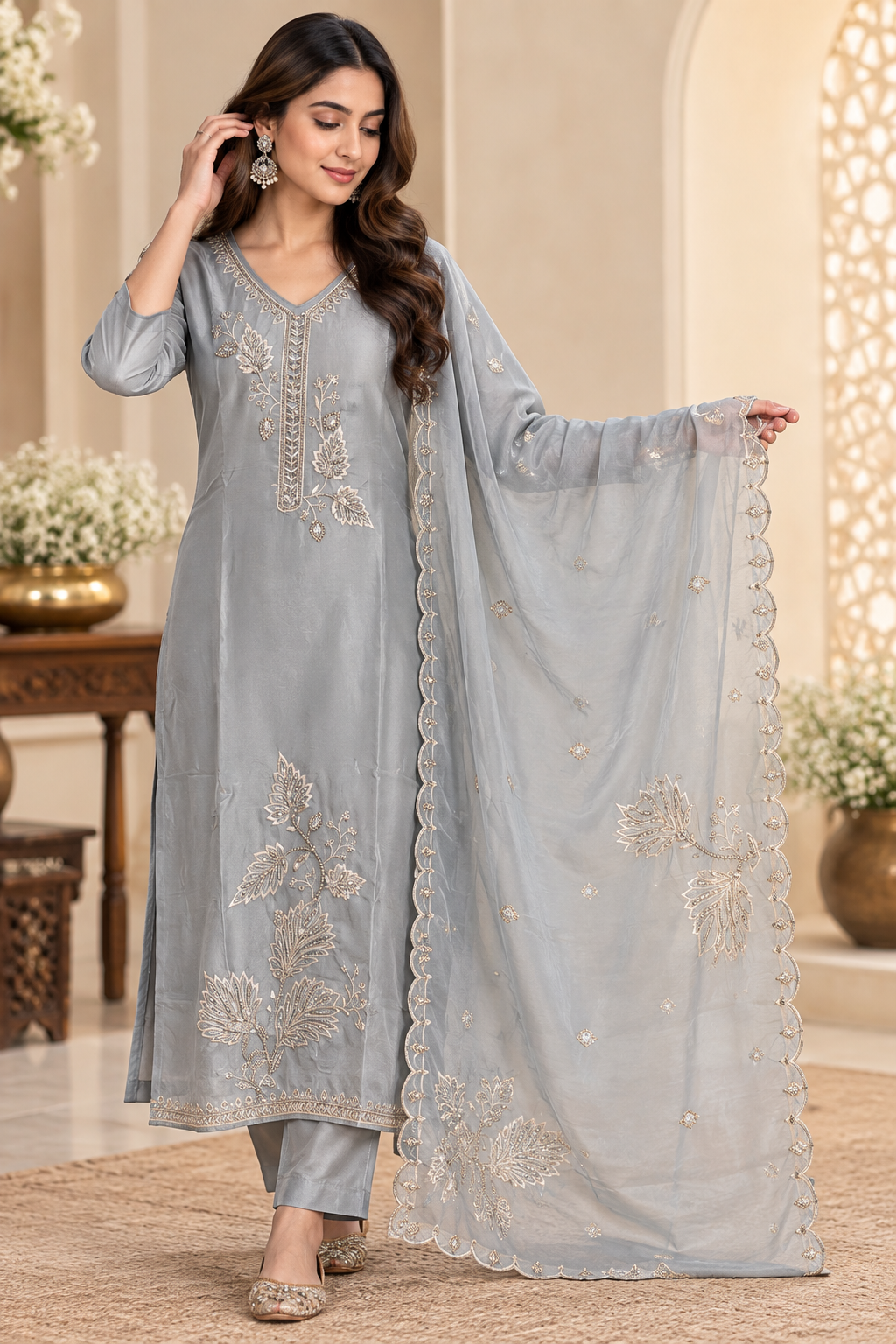 Silver Leaf Embroidered Kurta Set