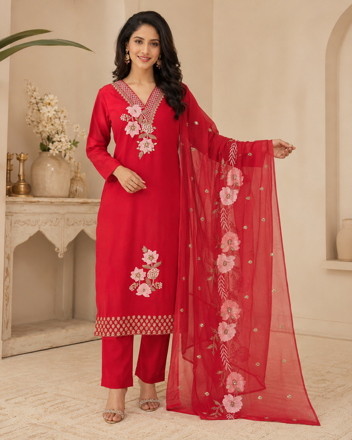 Scarlet Blossom Embroidered Kurta Set