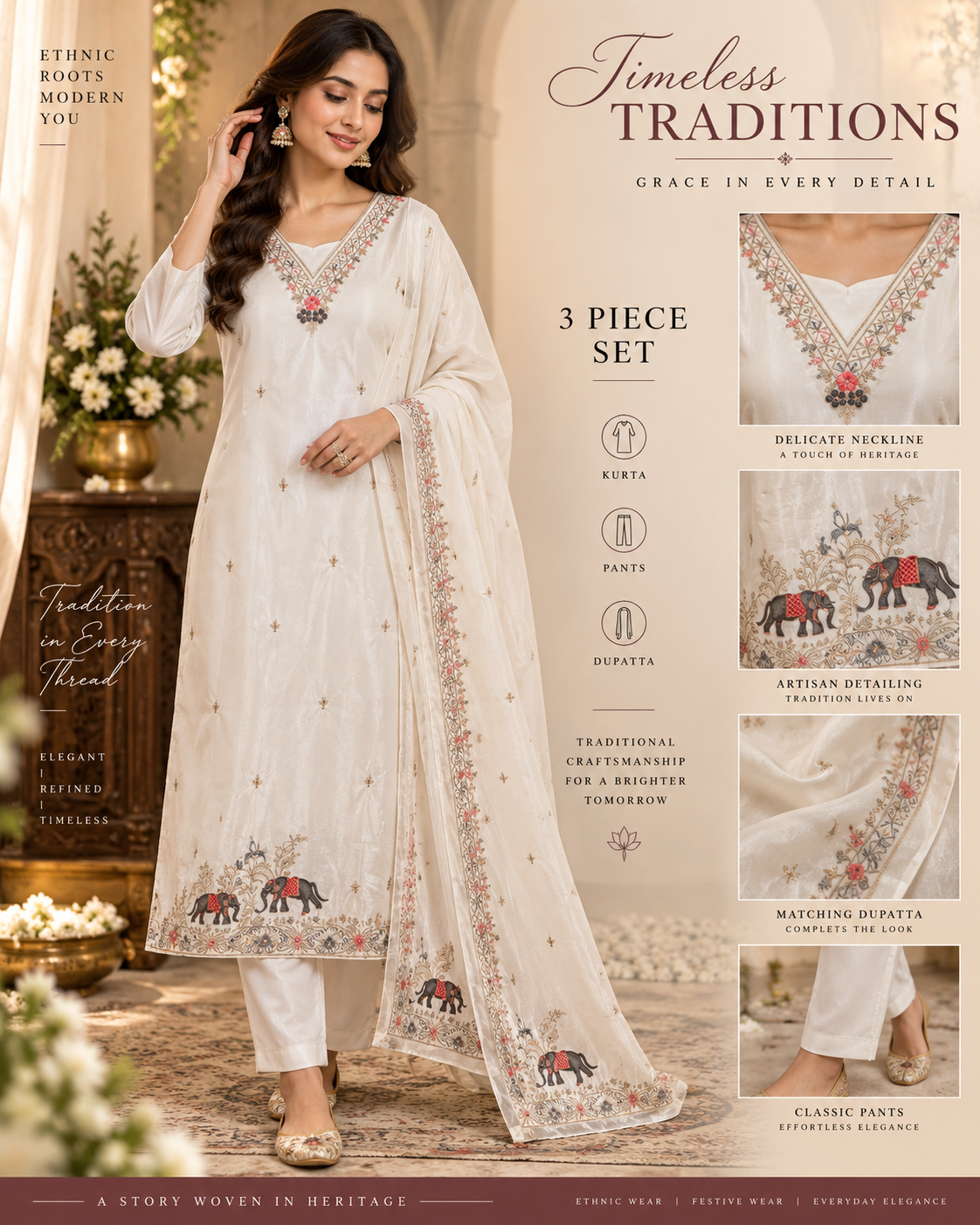 Ivory Heritage Elephant Embroidered 3-Piece Kurta Set