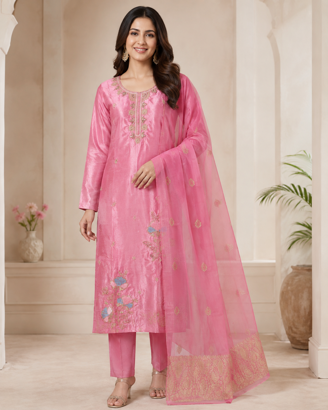 Rose Pink Festive Embroidered Kurta Set