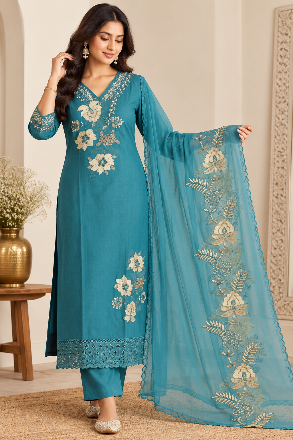 Teal Lotus Embroidered Kurta Set