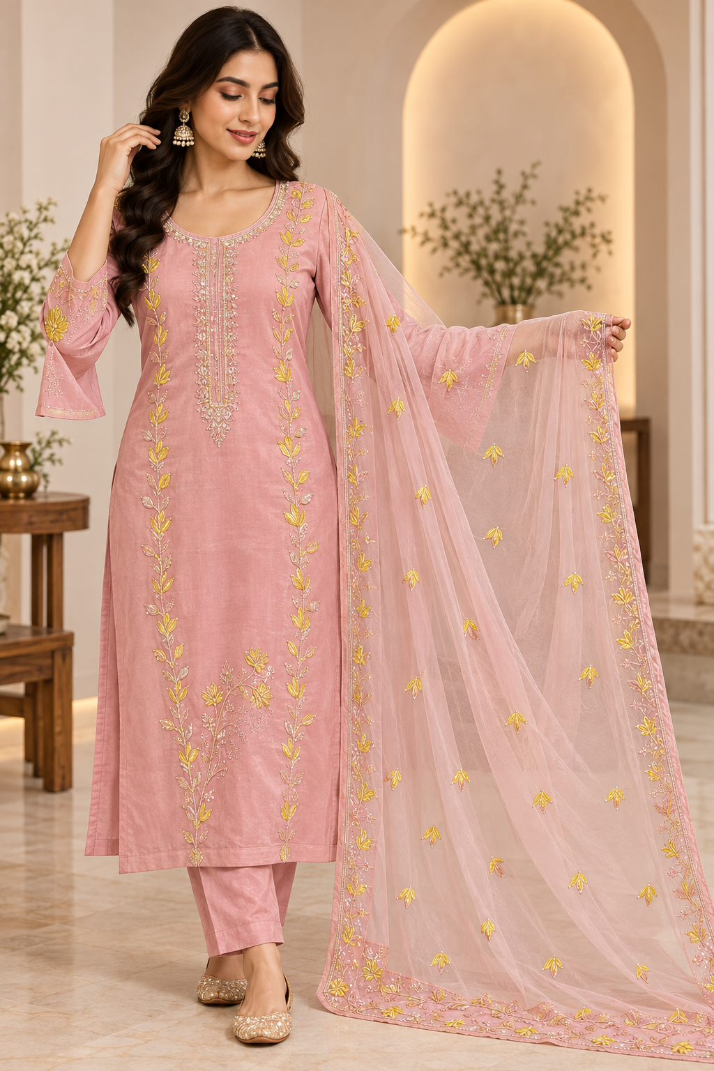 Blush Leaf Embroidered Kurta Set