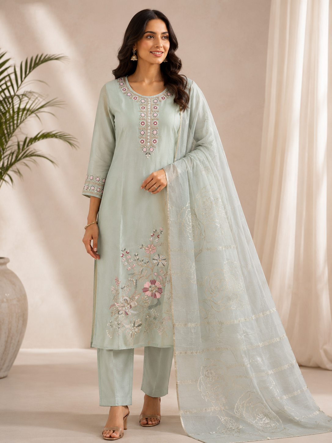 Mist Sage Floral Embroidered 3-Piece Kurta Set
