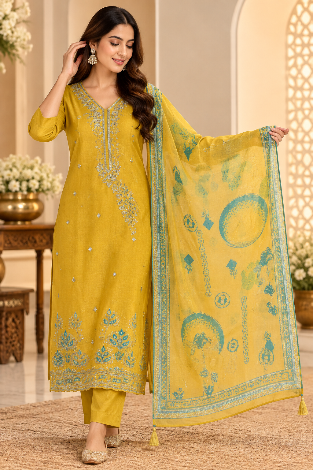 Mustard Teal Embroidered 3-Piece Kurta Set