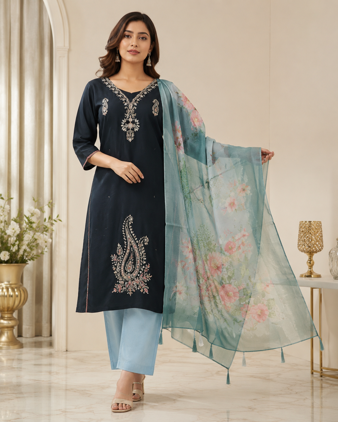 Midnight Blue Paisley Embroidered 3-Piece Kurta Set