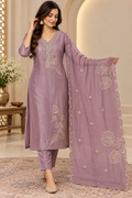 Dusty Mauve Lotus Embroidered 3-Piece Kurta Set