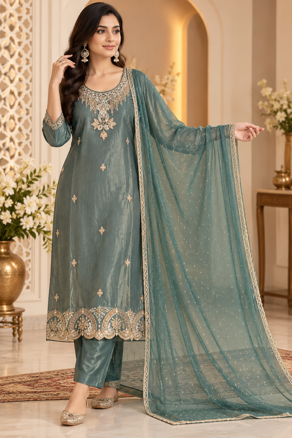 Teal Luxe Embellished 3-Piece Kurta Set