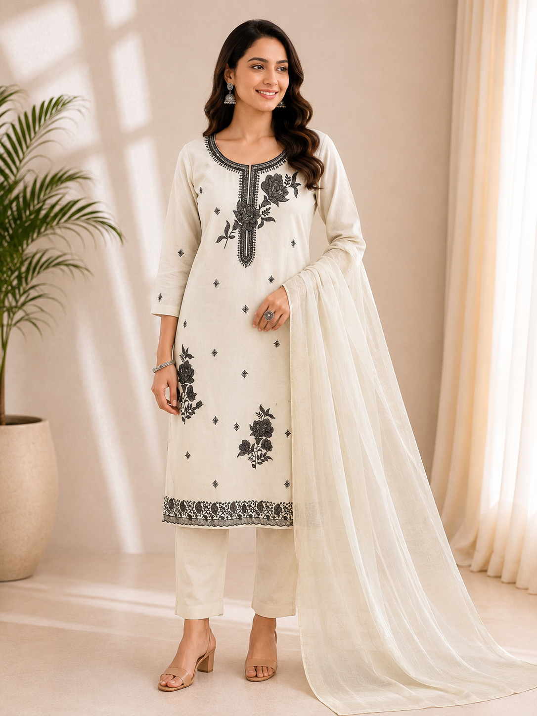 Ivory Noir Floral Embroidered 3-Piece Kurta Set