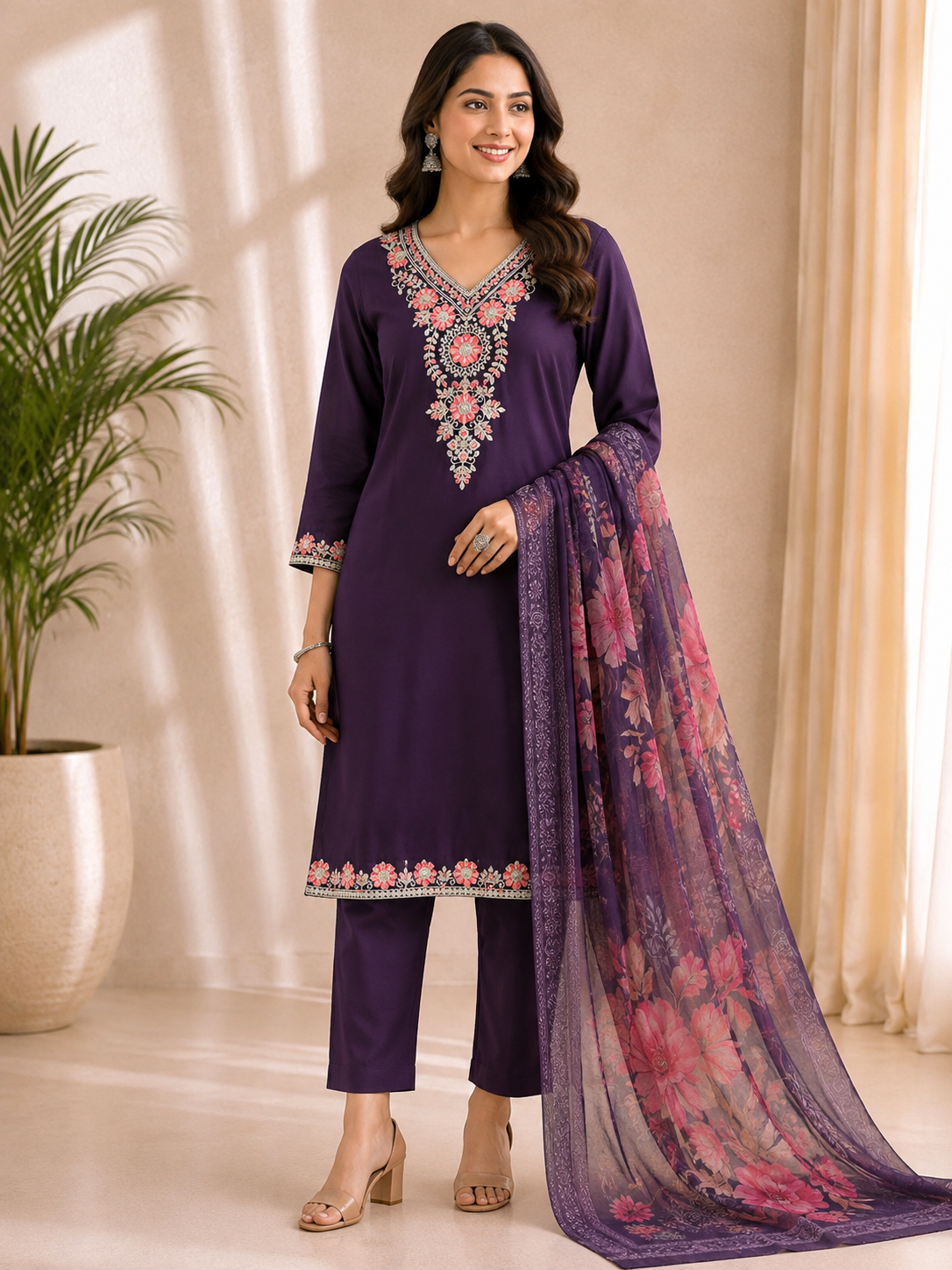 Royal Plum Floral Embroidered 3-Piece Kurta Set