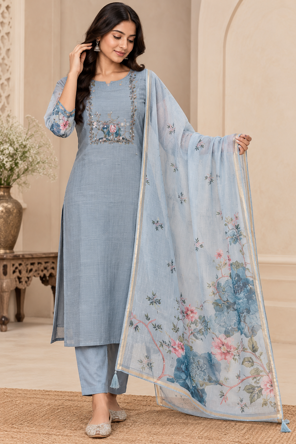 Powder Blue Botanical Embroidered 3-Piece Kurta Set