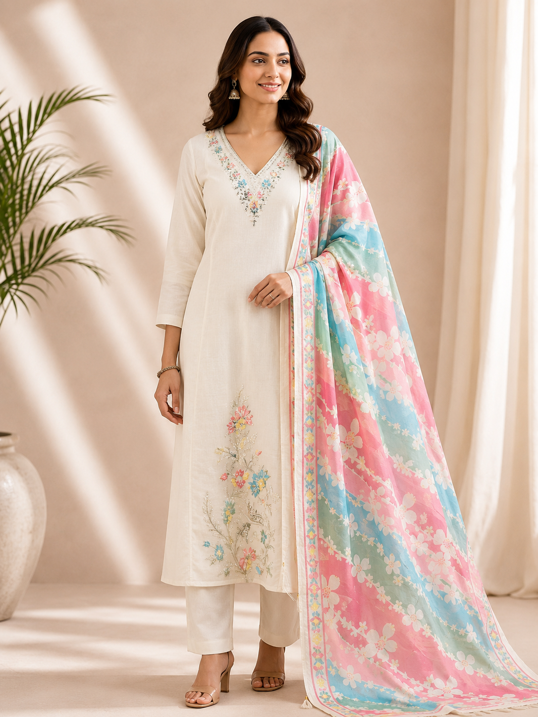 Ivory Pastel Garden Embroidered 3-Piece Kurta Set