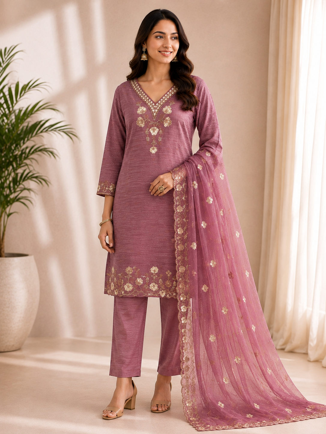 Dusty Rose Gold Floral Embroidered 3-Piece Kurta Set