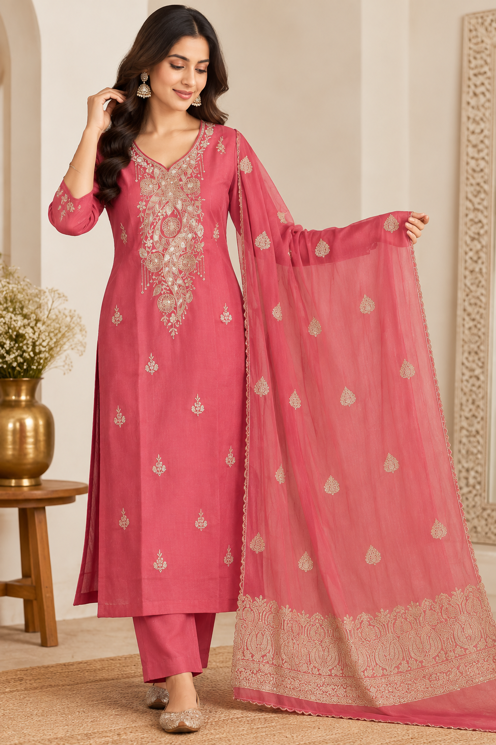 Rosewood Gold Paisley Embroidered 3-Piece Kurta Set