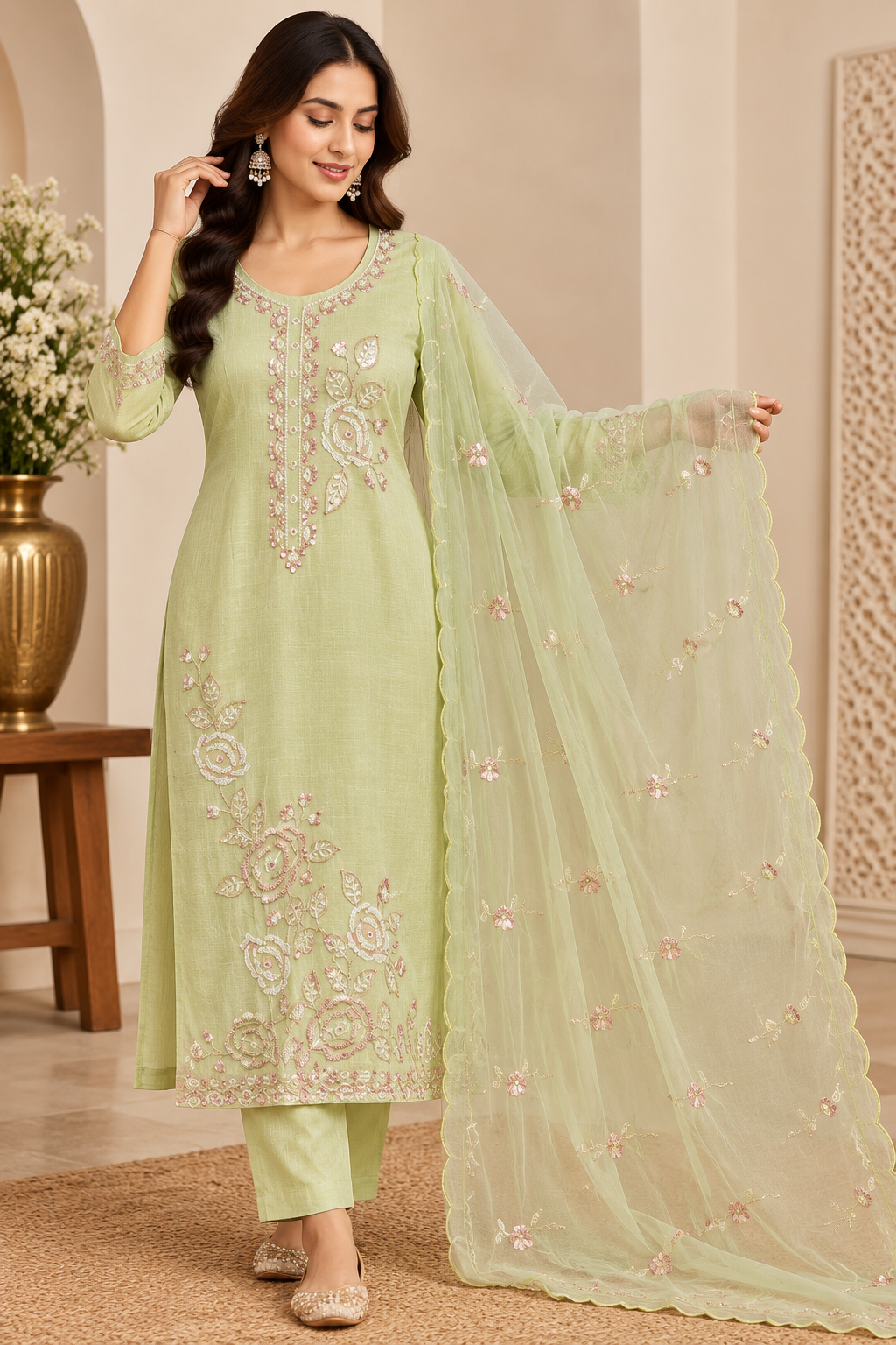 Pistachio Rose Embroidered Kurta Set