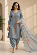 Slate Blue Multicolor Botanical 3-Piece Kurta Set