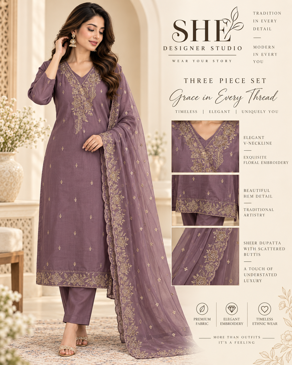 Dusty Mauve Gold Floral Embroidered 3-Piece Kurta Set
