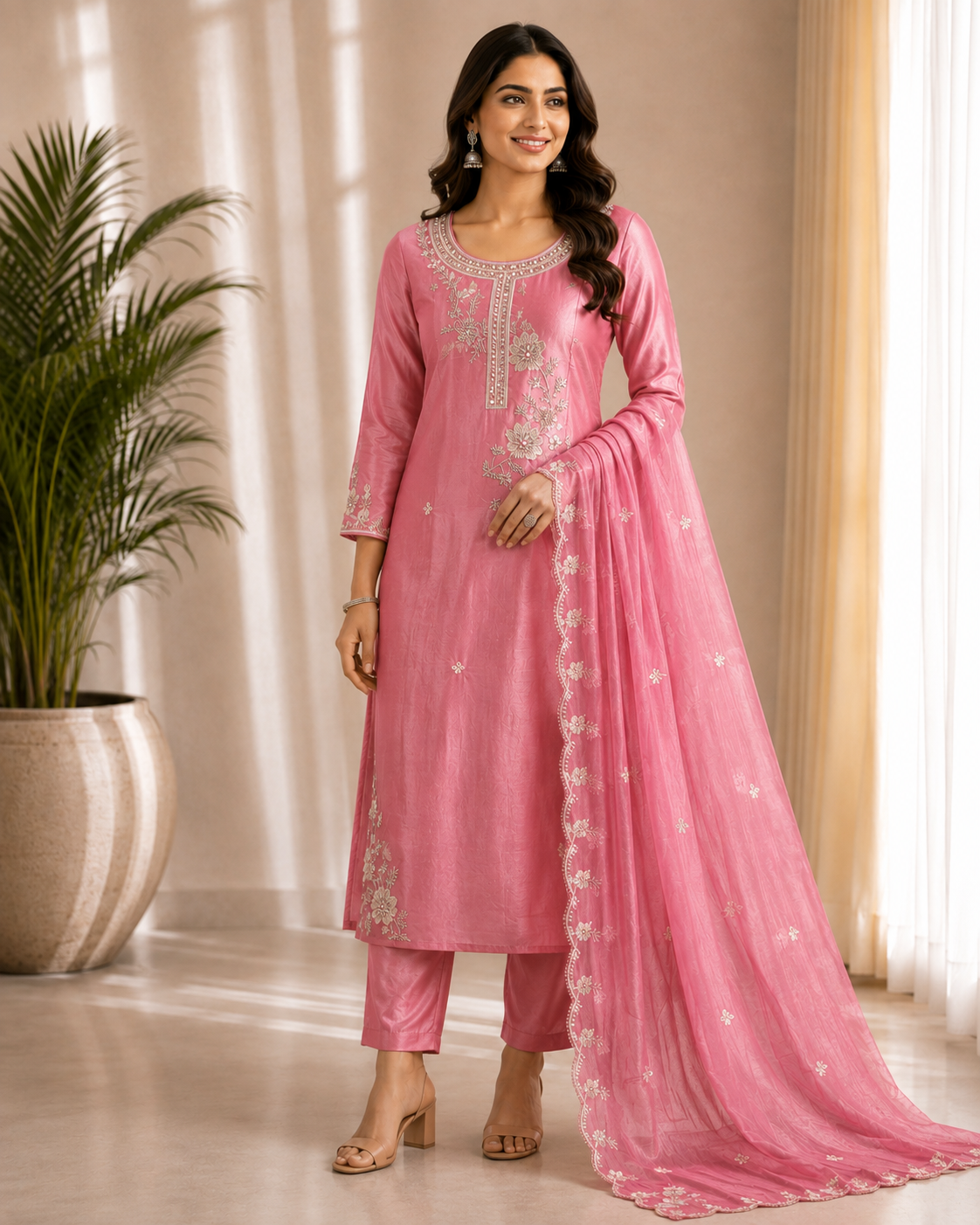 Rose Pink Pearl Floral Embroidered 3-Piece Kurta Set