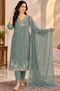 Sage Mist Ivory Floral Embroidered 3-Piece Kurta Set