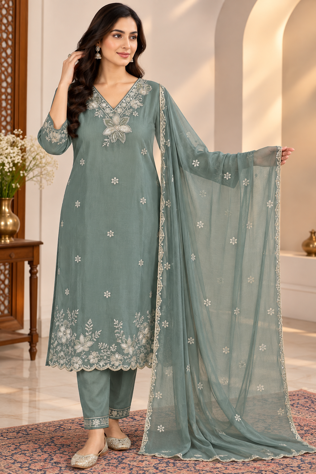 Sage Mist Ivory Floral Embroidered 3-Piece Kurta Set