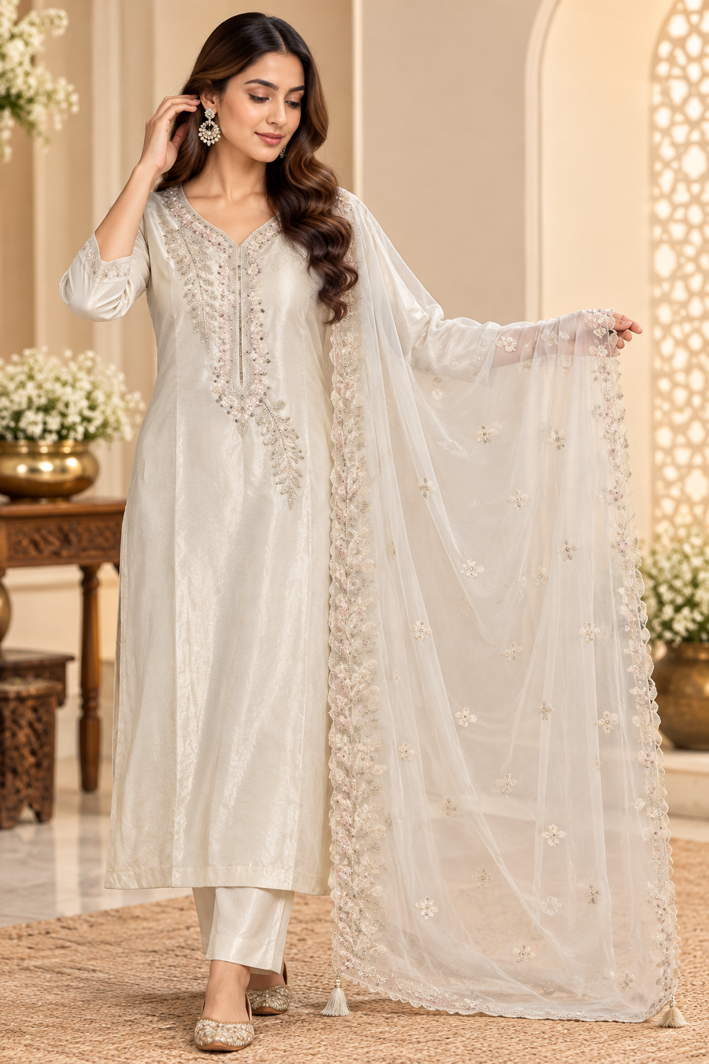 Pearl Ivory Blush Embroidered 3-Piece Kurta Set