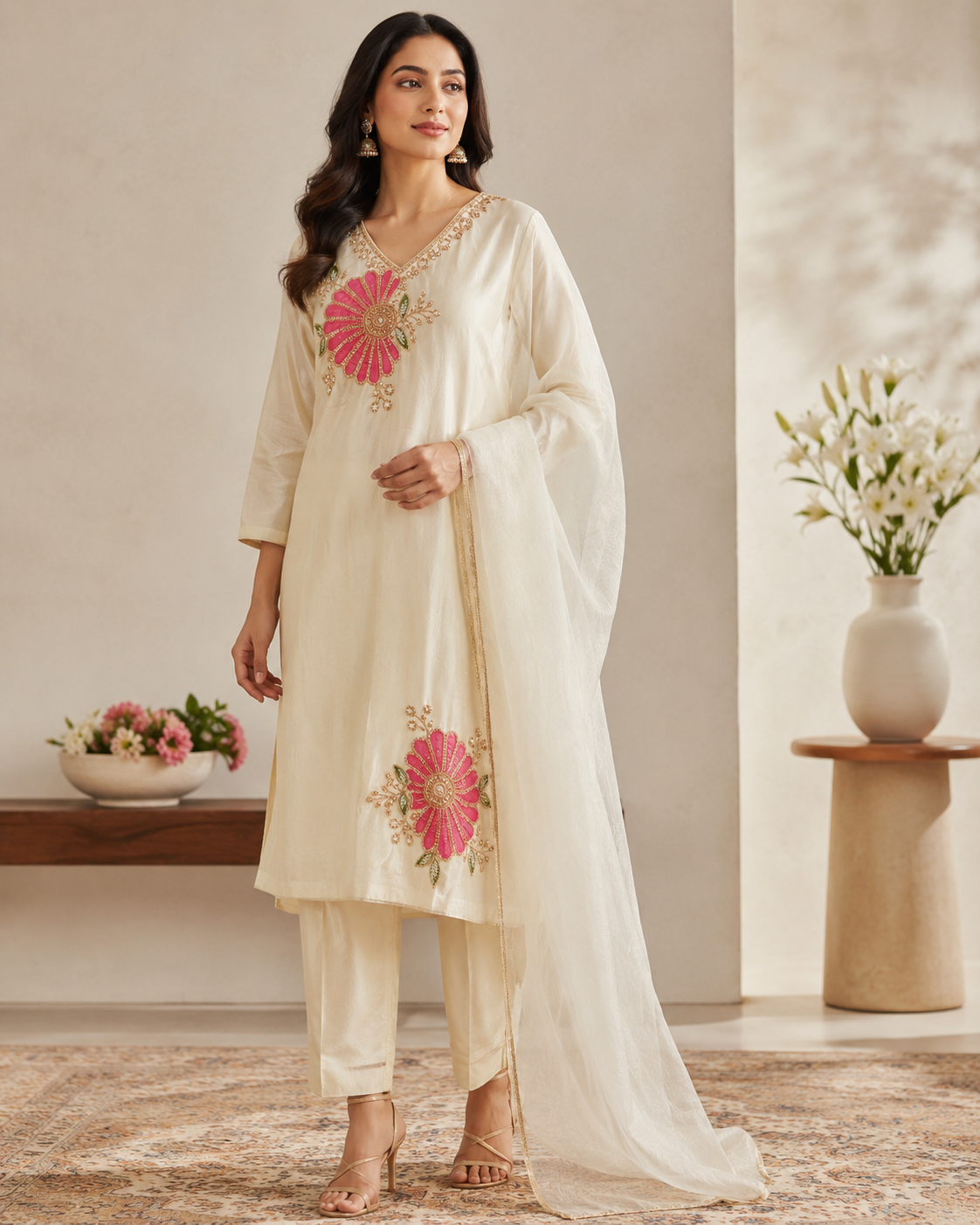Ivory Pink Blossom Kurta Set