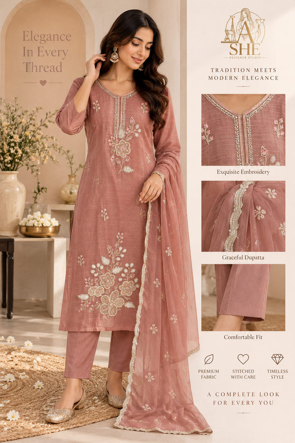 Dusty Rose Floral Embroidered 3-Piece Kurta Set