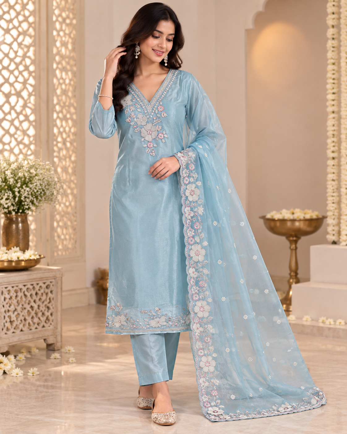 Powder Blue Floral Embroidered 3-Piece Kurta Set