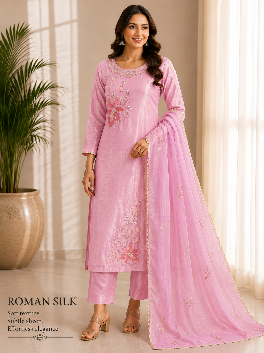 Blush Pink Floral Roman Silk 3-Piece Kurta Set