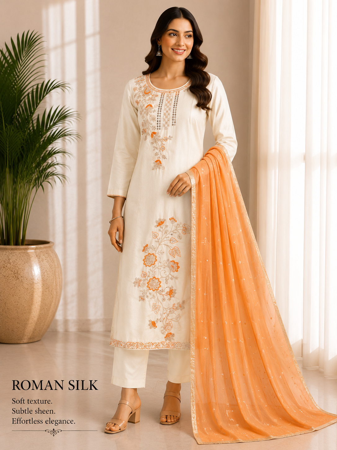 Ivory Tangerine Floral Roman Silk 3-Piece Kurta Set