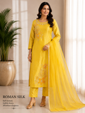Sunshine Yellow Floral Roman Silk 3-Piece Kurta Set