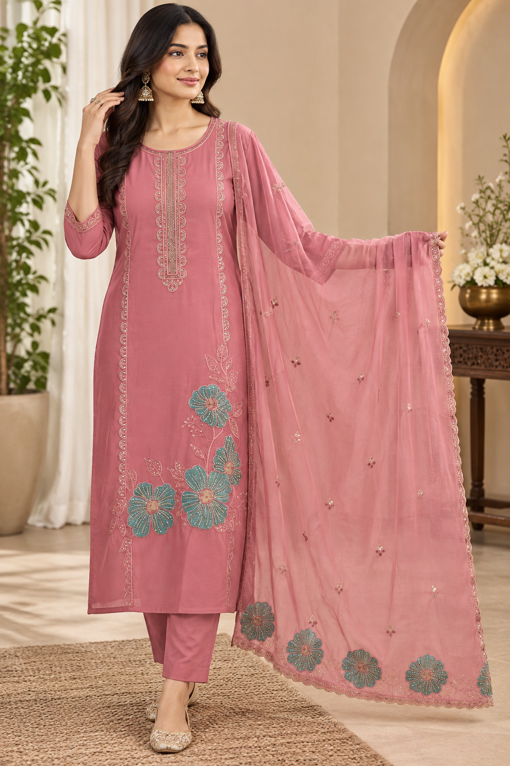 Dusty Rose Teal Floral Embroidered 3-Piece Kurta Set